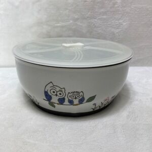 Yokohama Studio Hand Painted Ceramic Owl Food Storage Bowl Vented Lid White Blue